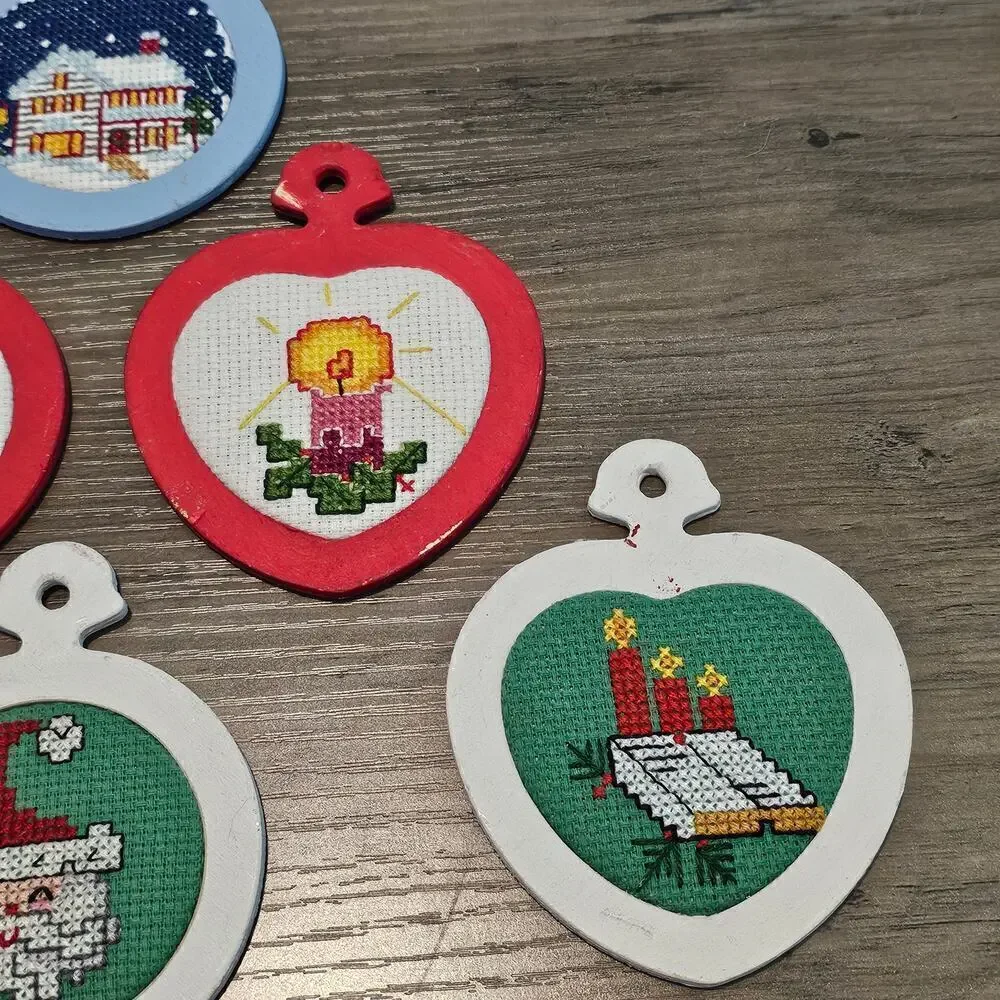 Vintage Christmas Cross Stitch Ornaments 80s Hand Made Santa Candle Snow Toys